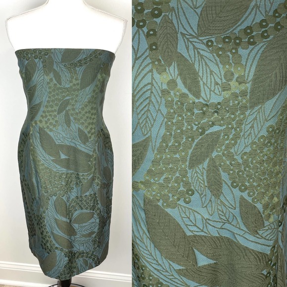Margon Dresses & Skirts - Margon Italy Leaf Patterned Jacquard Strapless Dress In Green Size Small